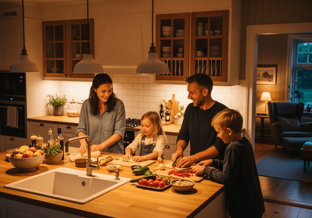 Familj som lagar mat tillsammans i ett kök med mörka träluckor