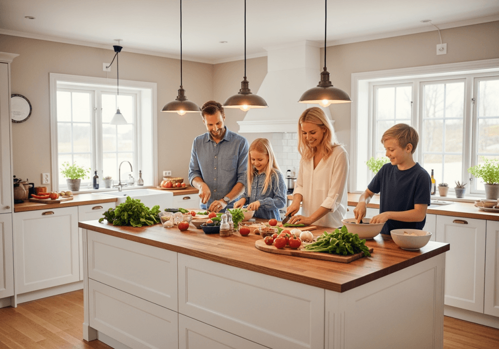 Familj som lagar mat tillsammans vid en köksö