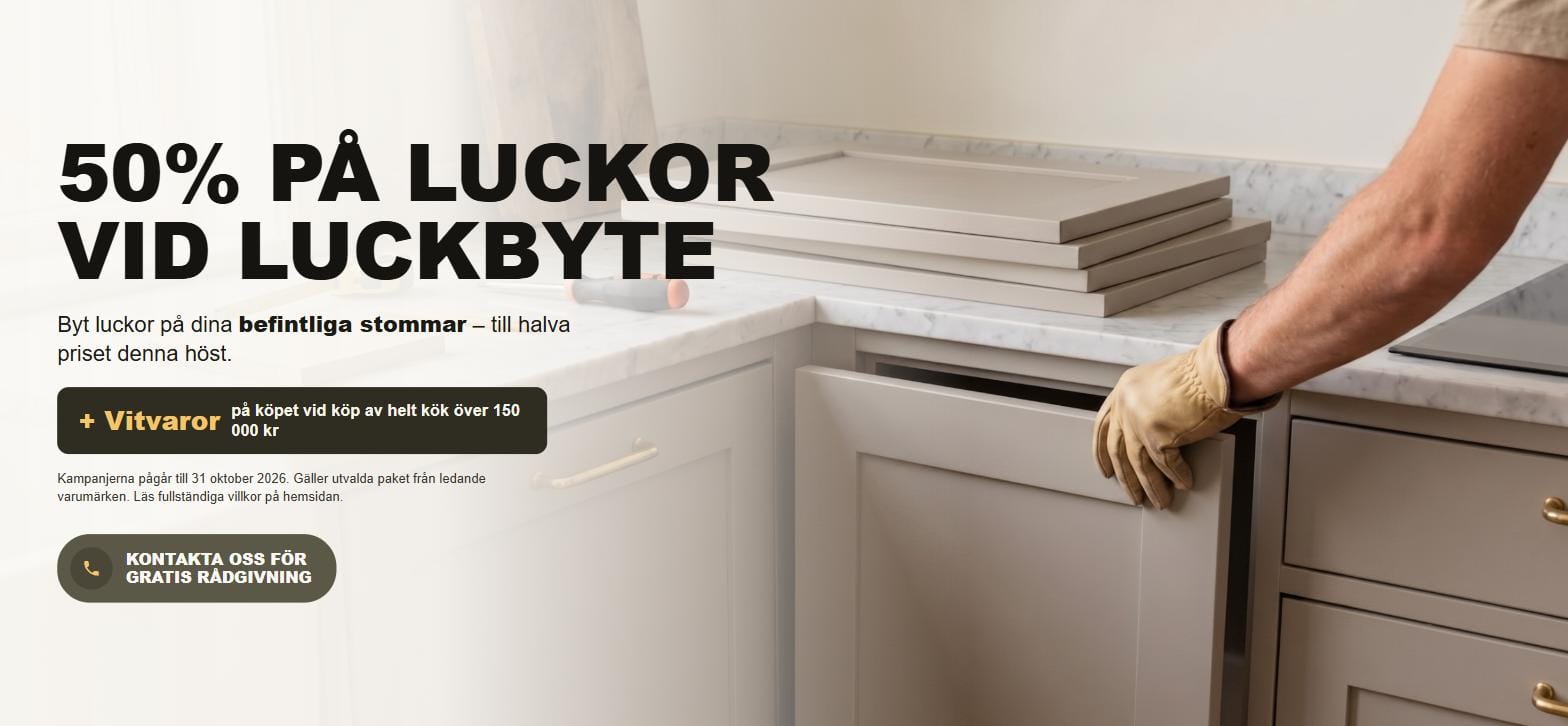 50% rabatt på standardluckor vid luckbyte - gratis vitvaror vid helt kök